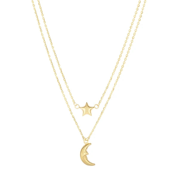 14K Gold Polished Moon &amp; Star Multi-Strand Necklace
