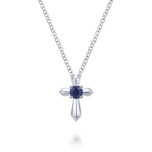 925 Sterling Silver Round Sapphire Cross Necklace