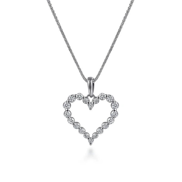14K White Gold Open Heart Diamond Pendant Necklace