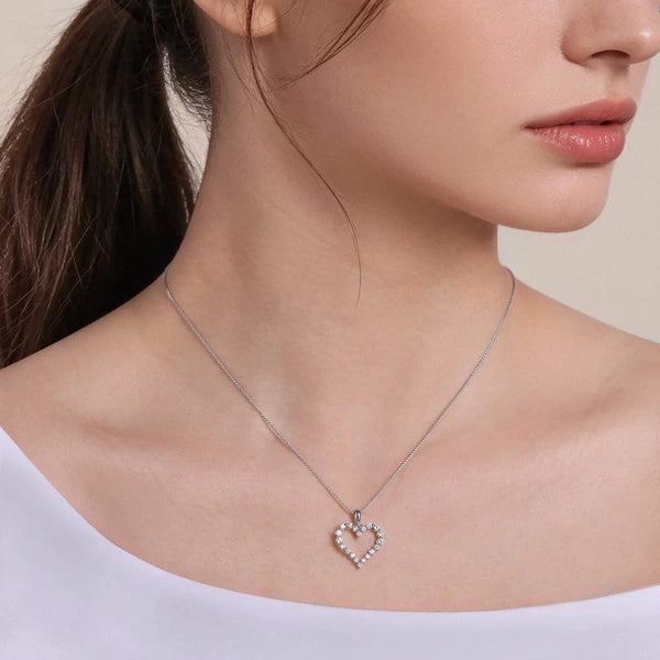 14K White Gold Open Heart Diamond Pendant Necklace