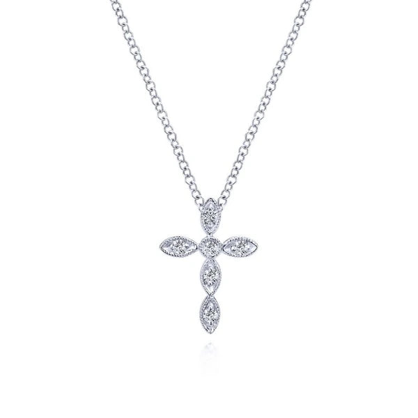 14K White Gold Marquise Shaped Diamond Cross Necklace