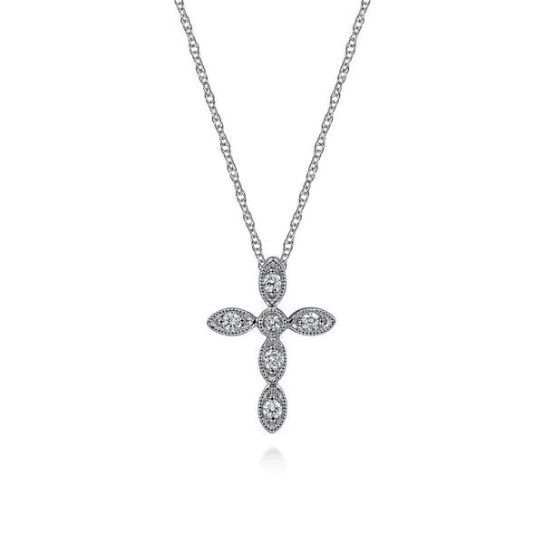 14K White Gold Marquise Shaped Diamond Cross Necklace