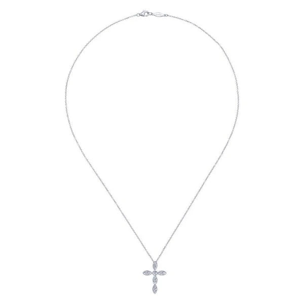 14K White Gold Marquise Shaped Diamond Cross Necklace