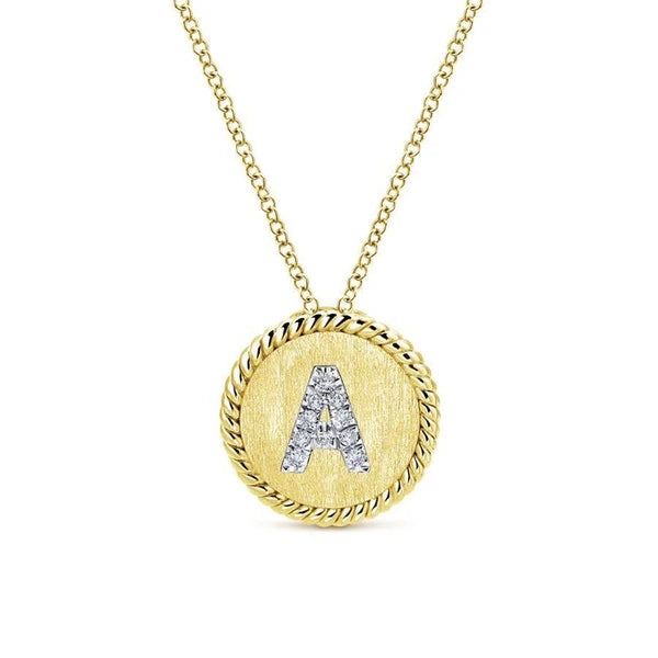 18" 14K Yellow-White Gold Round "A" Diamond Initial Pendant Necklace