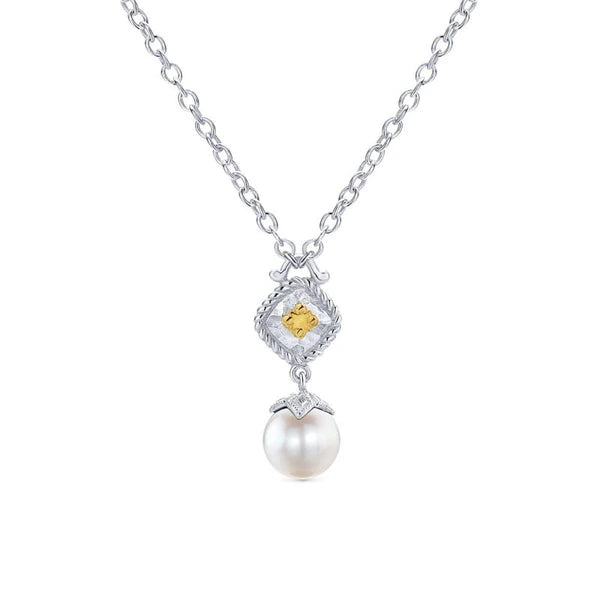 925 Sterling Silver/14K Yellow Gold Vintage Inspired Cultured Pearl Pendant Necklace