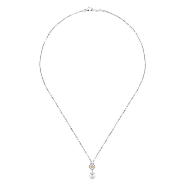 925 Sterling Silver/14K Yellow Gold Vintage Inspired Cultured Pearl Pendant Necklace