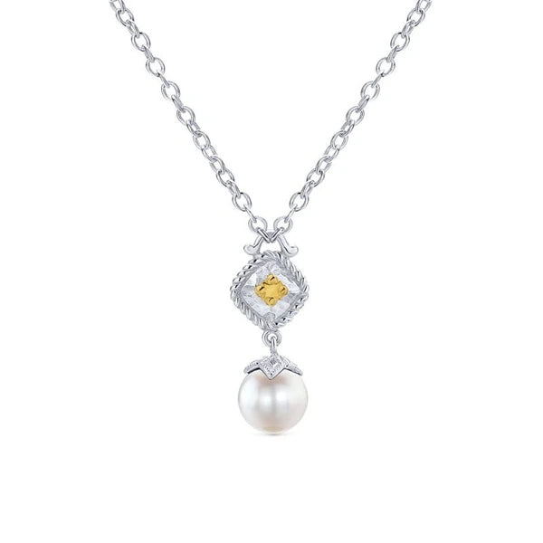 925 Sterling Silver/14K Yellow Gold Vintage Inspired Cultured Pearl Pendant Necklace