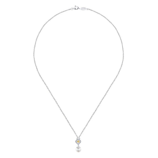 925 Sterling Silver/14K Yellow Gold Vintage Inspired Cultured Pearl Pendant Necklace