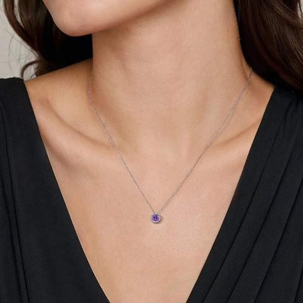 14K White Gold Amethyst and Diamond Halo Pendant Necklace