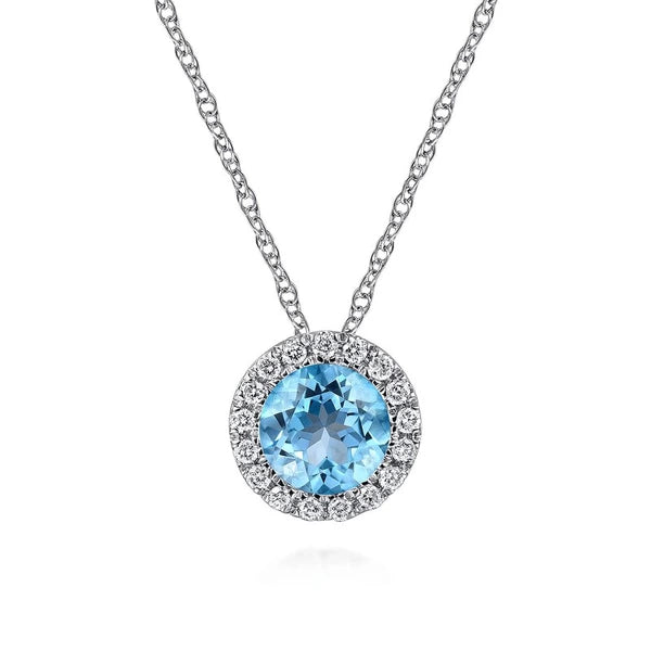 14K White Gold Round Swiss Blue Topaz and Diamond Halo Pendant Necklace