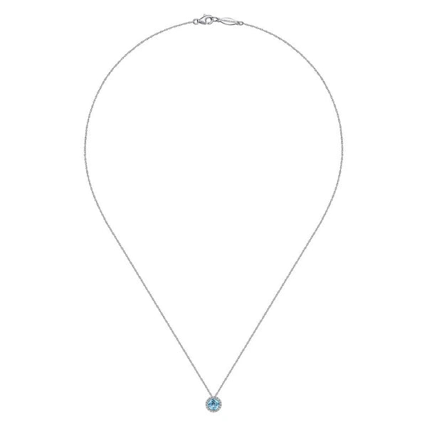 14K White Gold Round Swiss Blue Topaz and Diamond Halo Pendant Necklace
