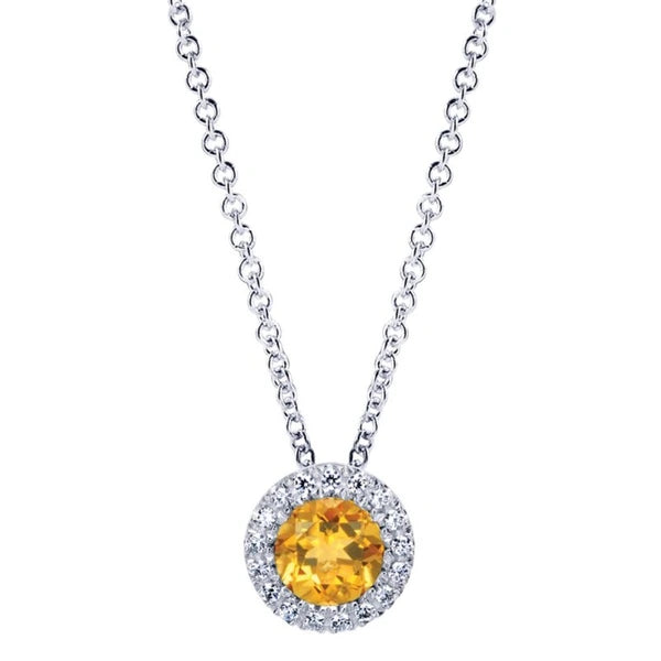 14K White Gold Round Citrine and Diamond Halo Pendant Necklace