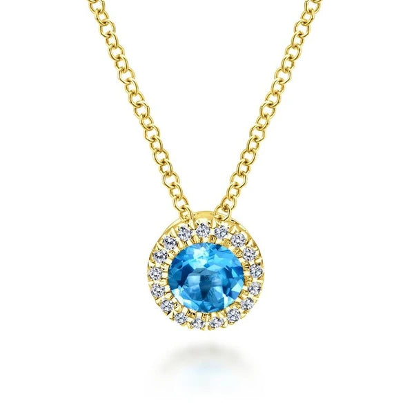 14k Yellow Gold Round Swiss Blue Topaz Diamond Halo Fashion Necklace