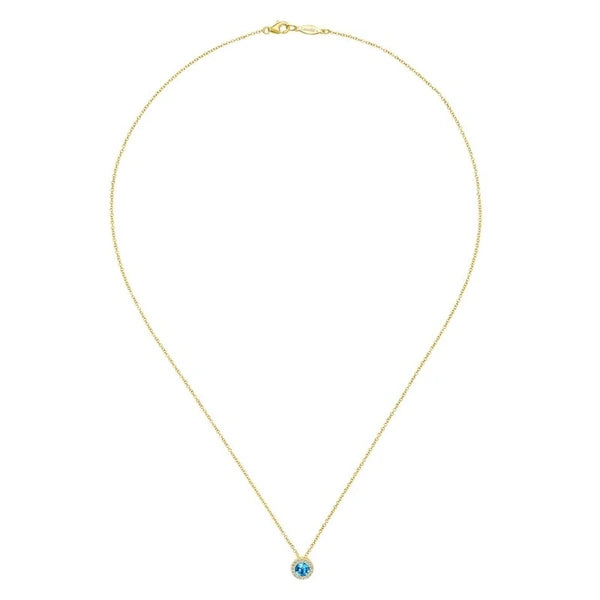 14k Yellow Gold Round Swiss Blue Topaz Diamond Halo Fashion Necklace