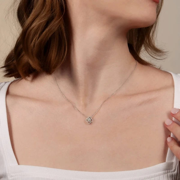 18 inch 14K White Gold Open Clover Diamond Pendant Necklace
