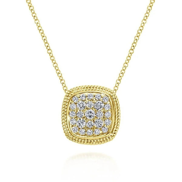 18" 14K Yellow Gold Cushion Shape Diamond e Pendant Necklace
