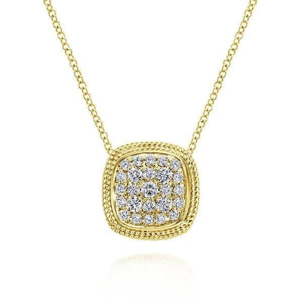 18" 14K Yellow Gold Cushion Shape Diamond e Pendant Necklace