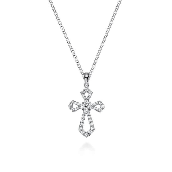 18 inch 14K White Gold Open Diamond Cross Pendant Necklace