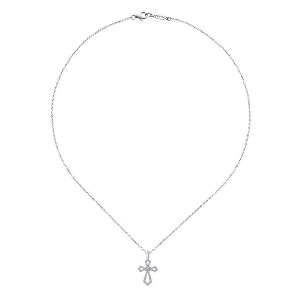 18 inch 14K White Gold Open Diamond Cross Pendant Necklace