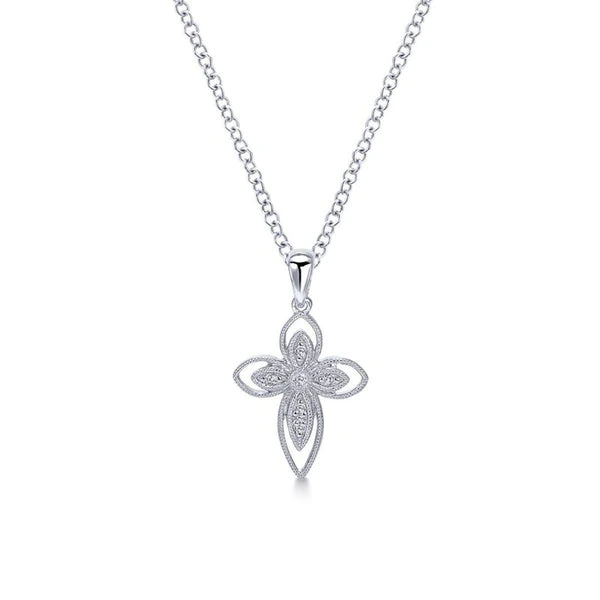 925 Sterling Silver Openwork Diamond Cross Necklace