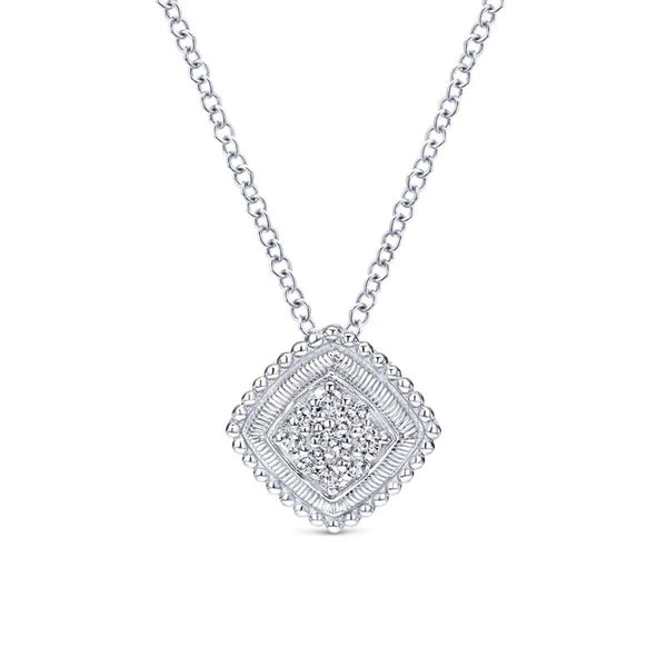 925 Sterling Silver Cushion Diamond Cluster Pendant Necklace