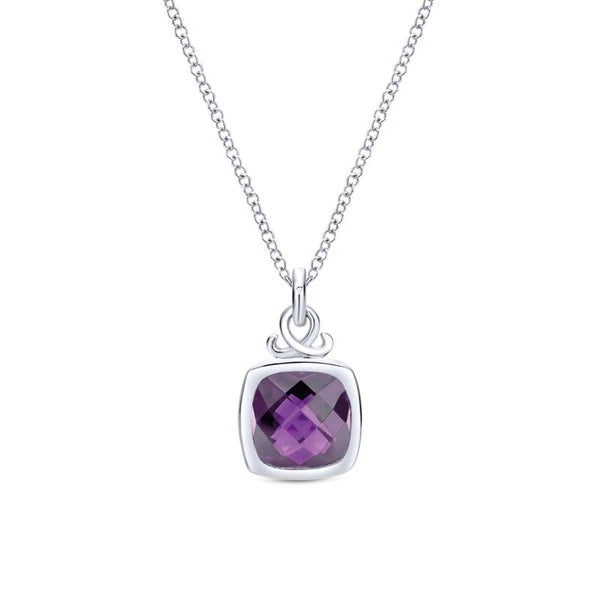 925 Sterling Silver Cushion Cut Bezel Set Amethyst Pendant Necklace