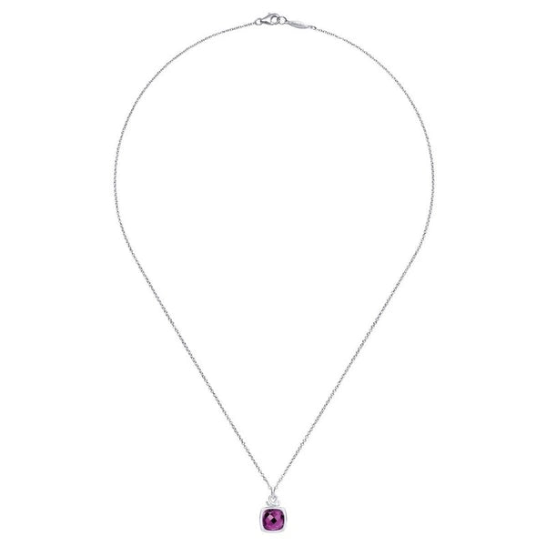 925 Sterling Silver Cushion Cut Bezel Set Amethyst Pendant Necklace