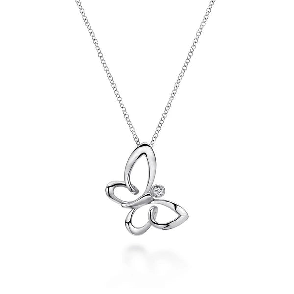 18 inch 925 Sterling Silver White Sapphire Sideways Butterfly Pendant Necklace