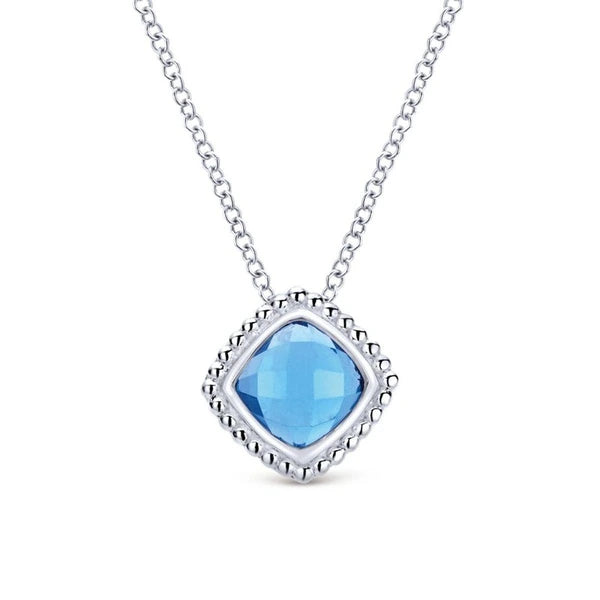 925 Sterling Silver Cushion Cut Swiss Blue Topaz Pendant Necklace