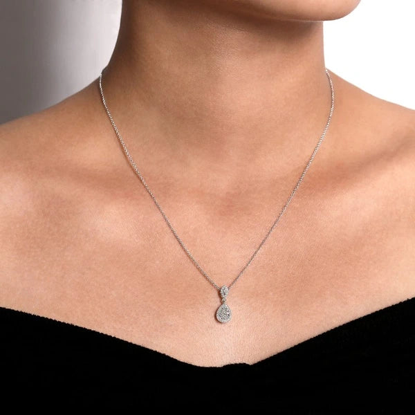 18 inch 14K White Gold Pavé Diamond Pear Shaped Double Pendant Necklace
