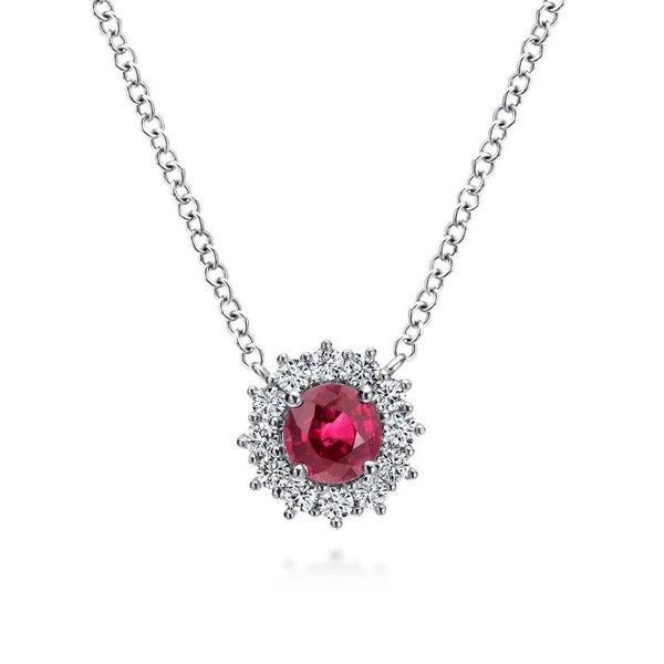 18" 14K White Gold Round Ruby and Diamond Halo Pendant Necklace