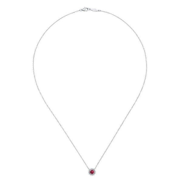18" 14K White Gold Round Ruby and Diamond Halo Pendant Necklace