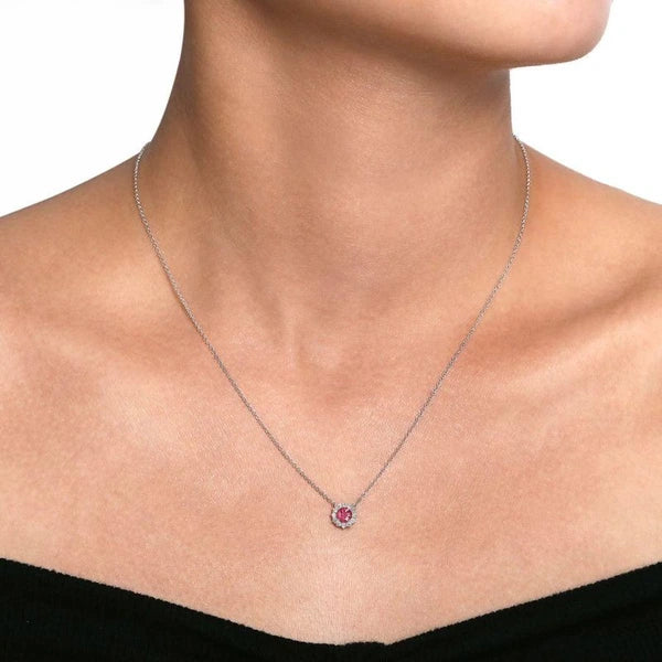 18" 14K White Gold Round Ruby and Diamond Halo Pendant Necklace