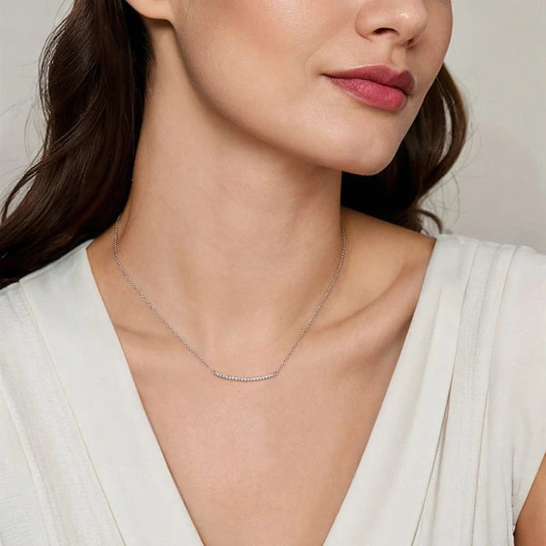 14K White Gold Diamond Pavé Curved Bar Necklace