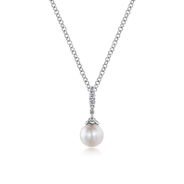 14K White Gold Cultured Pearl and Diamond Drop Pendant Necklace