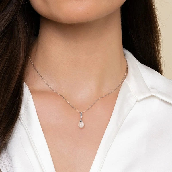 14K White Gold Cultured Pearl and Diamond Drop Pendant Necklace