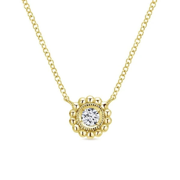 14K Yellow Gold Beaded Round Bezel Set Diamond Pendant Necklace