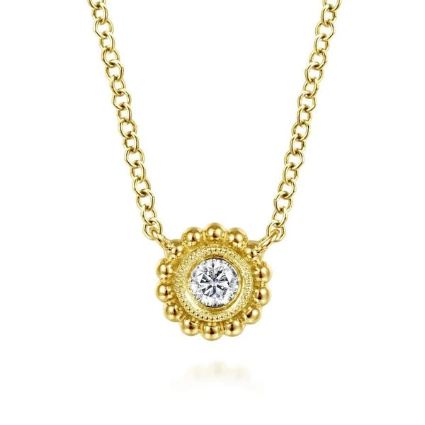 14K Yellow Gold Beaded Round Bezel Set Diamond Pendant Necklace