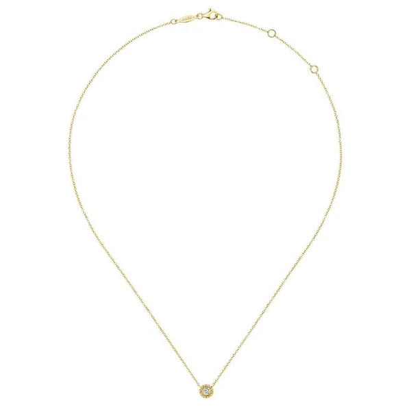 14K Yellow Gold Beaded Round Bezel Set Diamond Pendant Necklace