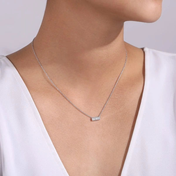 14K White Gold Pavé Diamond Bar Necklace