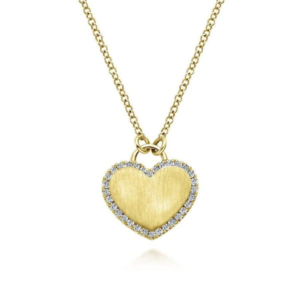 14K Yellow Gold Diamond Halo Engravable Heart Pendant Necklace