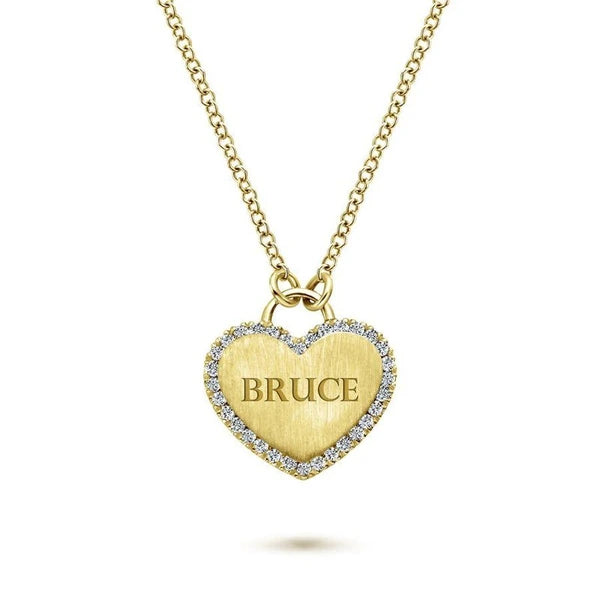 14K Yellow Gold Diamond Halo Engravable Heart Pendant Necklace