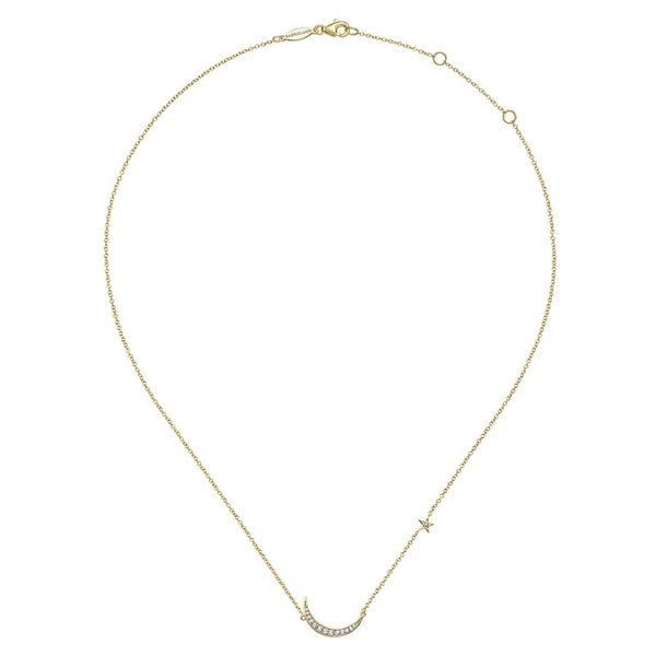 14K Yellow Gold Crescent Moon Diamond Pendant Necklace