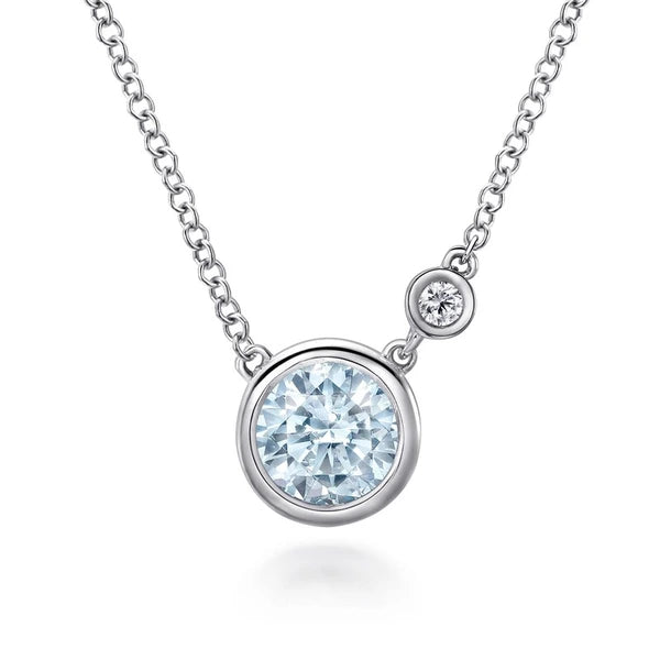 925 Sterling Silver Aquamarine and Diamond Pendant Necklace