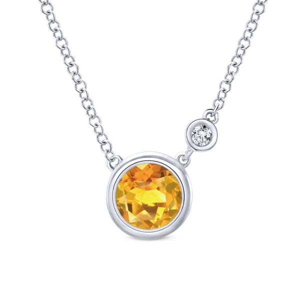 925 Sterling Silver Citrine and Diamond Pendant Necklace