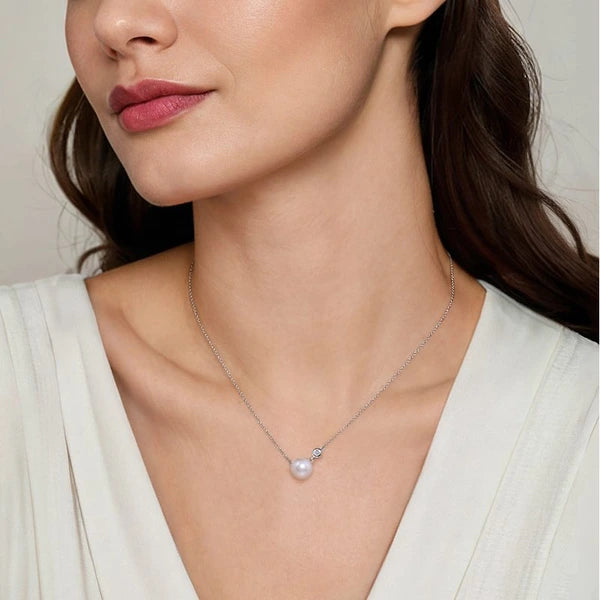 925 Sterling Silver Cultured Pearl and Pendant Diamond Necklace