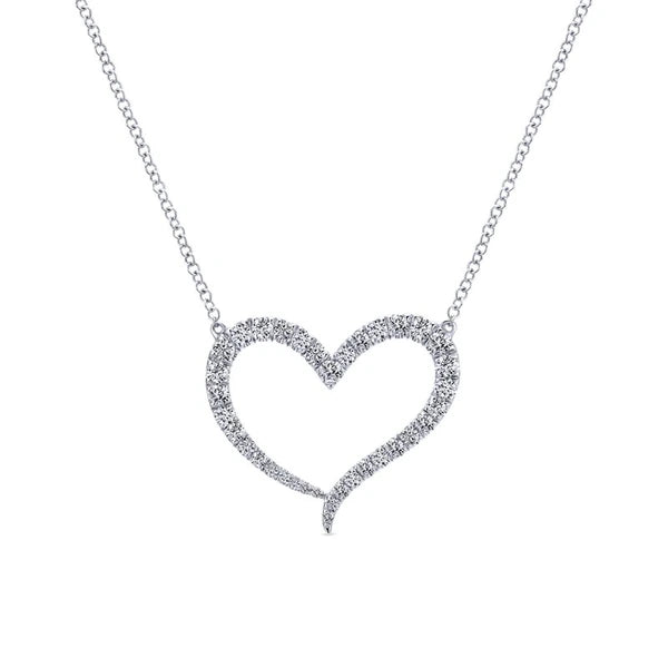 14k White Gold Pave Diamond Open Heart Shaped Necklace
