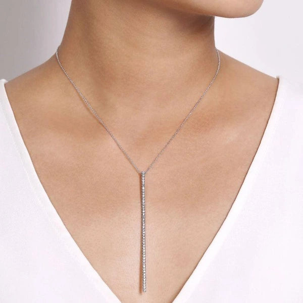 14K White Gold Long Diamond Bar Pendant Necklace