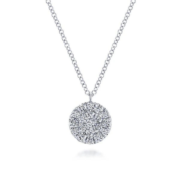 14K White Gold Round Diamond Disc Pendant Necklace