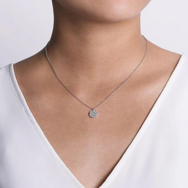 14K White Gold Round Diamond Disc Pendant Necklace